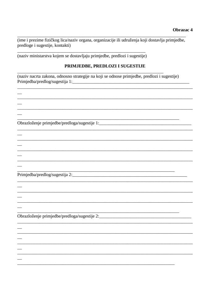 Obrazac 4 - primjedbe, predlozi i sugestije