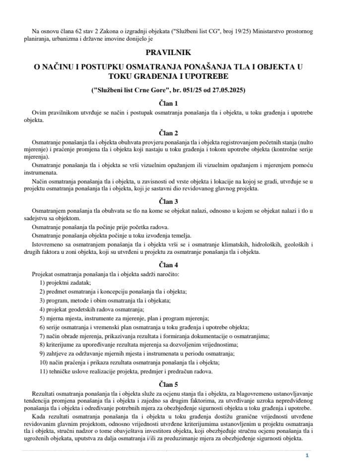 Zakonska regulativa iz oblasti građevinarstva - Pravilnik o načinu i postupku osmatranja ponašanja tla i objekta u toku građenja i upotrebe