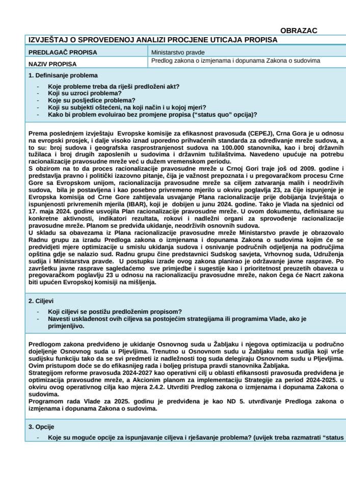 извјештај о спроведеној анализи утицаја (РИА)