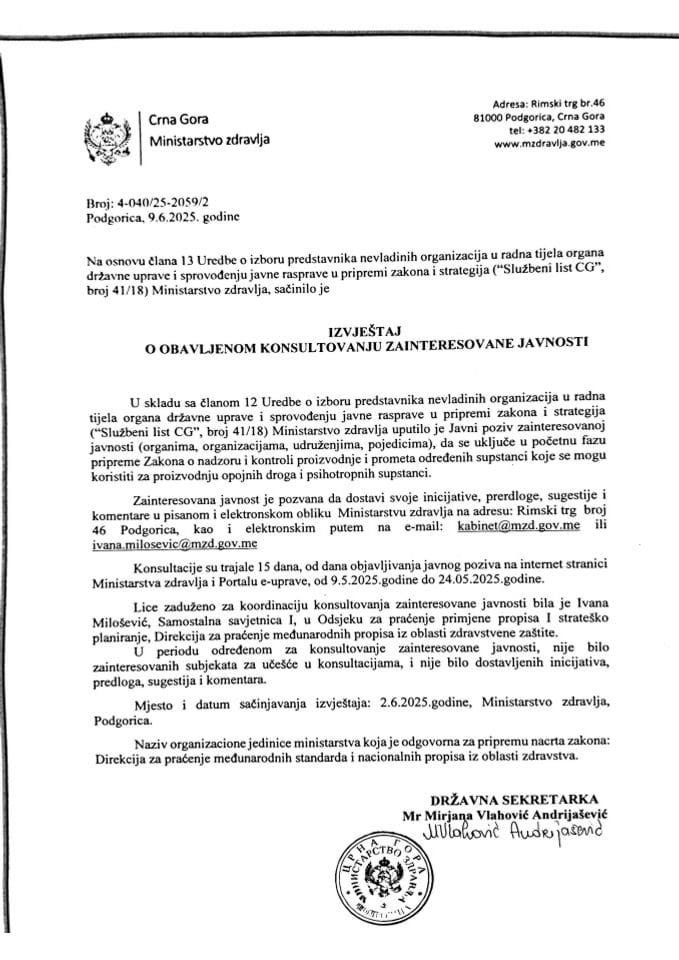 IZVJEŠTAJ O OBAVLJENOM KONSULTOVANJU ZAINTERESOVANE JAVNOSTI