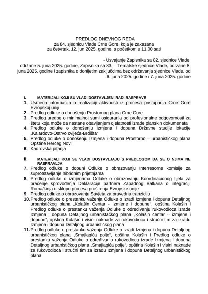 Predlog dnevnog reda za 84. sjednicu Vlade Crne Gore