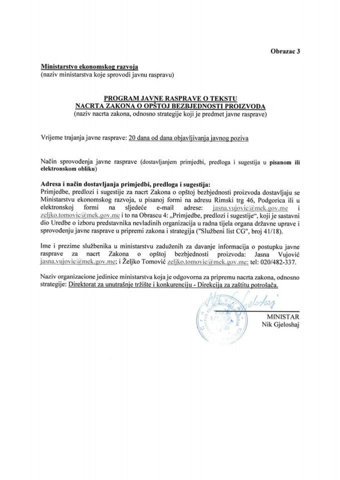 Program javne rasprave_Nacrt Zakona o opštoj bezbjednosti proizvoda