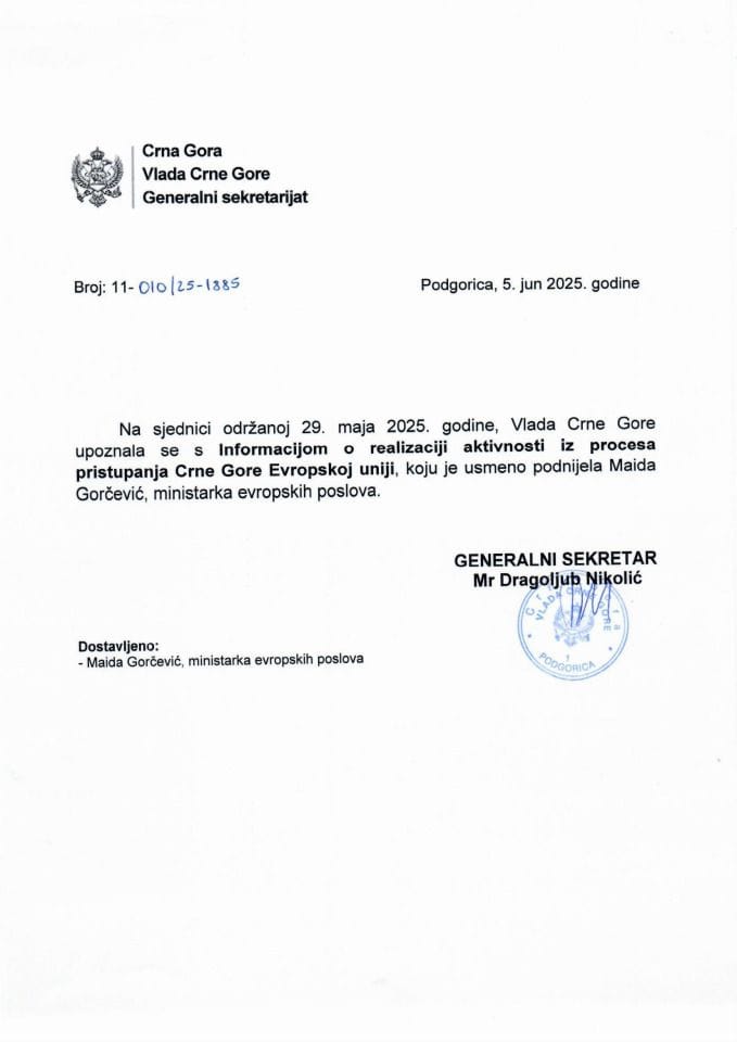 Usmena informacija o realizaciji aktivnosti iz procesa pristupanja Crne Gore Evropskoj uniji - zaključci