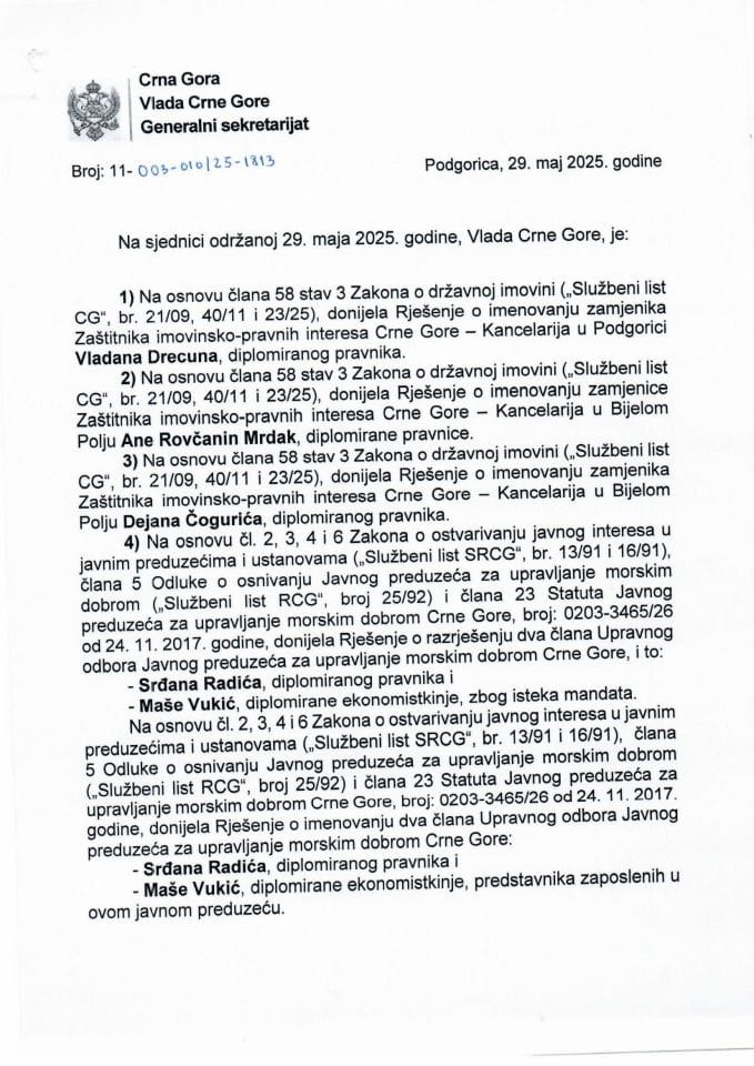 Kadrovska pitanja sa 81. sjednice Vlade - zaključci