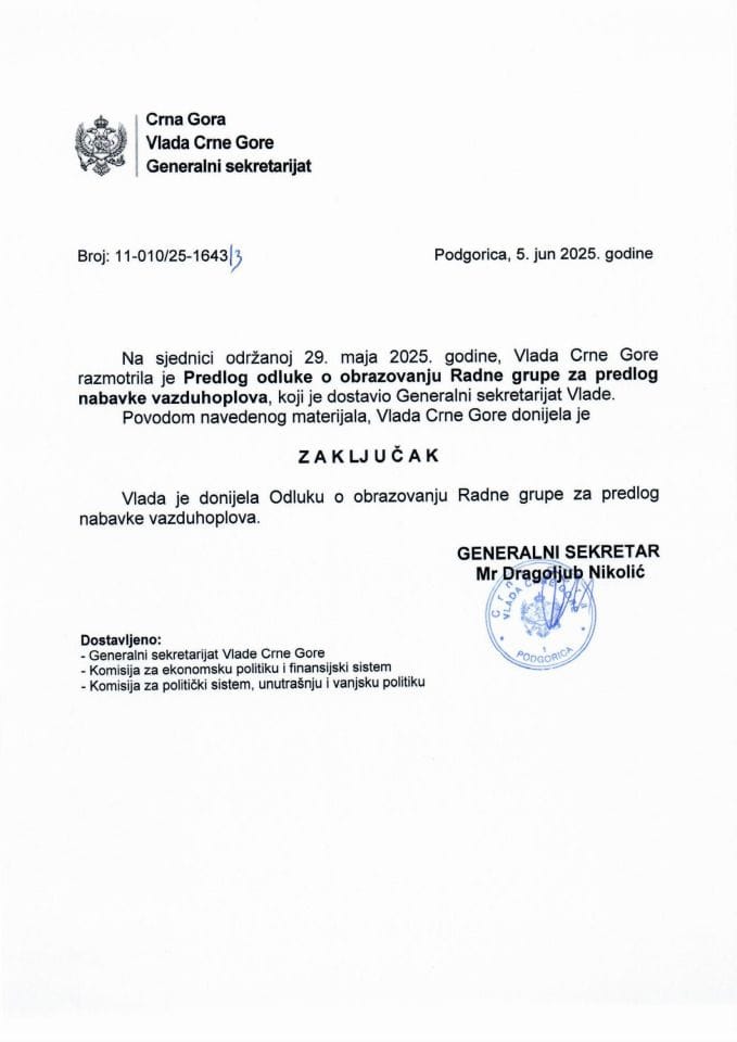 Predlog odluke o obrazovanju Radne grupe za predlog nabavke vazduhoplova - zaključci