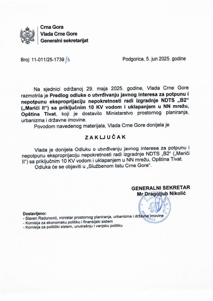 Predlog odluke o utvrđivanju javnog interesa za potpunu i nepotpunu eksproprijaciju nepokretnosti radi izgradnje NDTS „B2“ („Marići II“) sa priključnim 10 KV vodom i uklapanjem u NN mrežu, Opština Tivat - zaključci