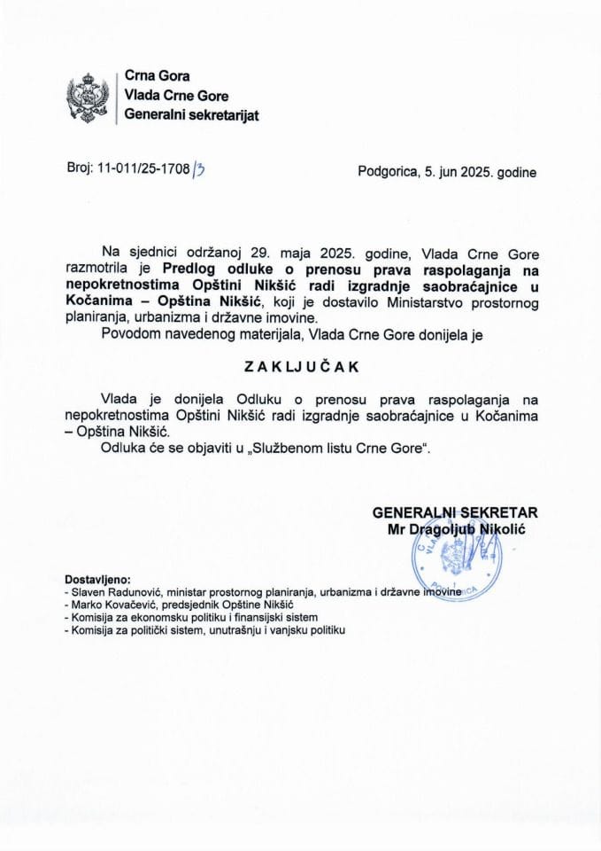 Predlog odluke o prenosu prava raspolaganja na nepokretnostima Opštini Nikšić radi izgradnje saobraćajnice u Kočanima - Opština Nikšić - zaključci
