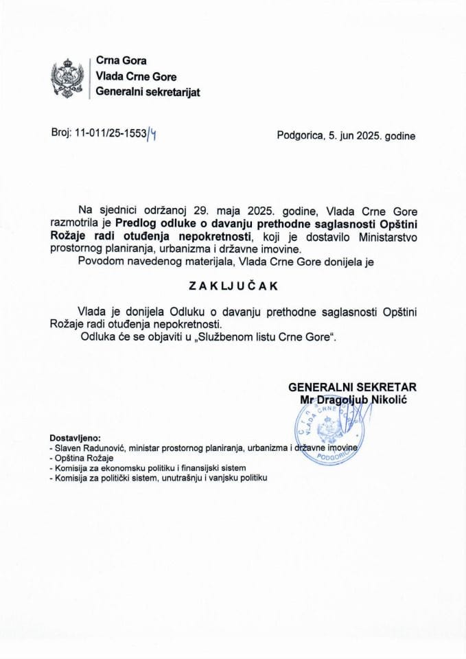 Predlog odluke o davanju prethodne saglasnosti Opštini Rožaje radi otuđenja nepokretnosti - zaključci