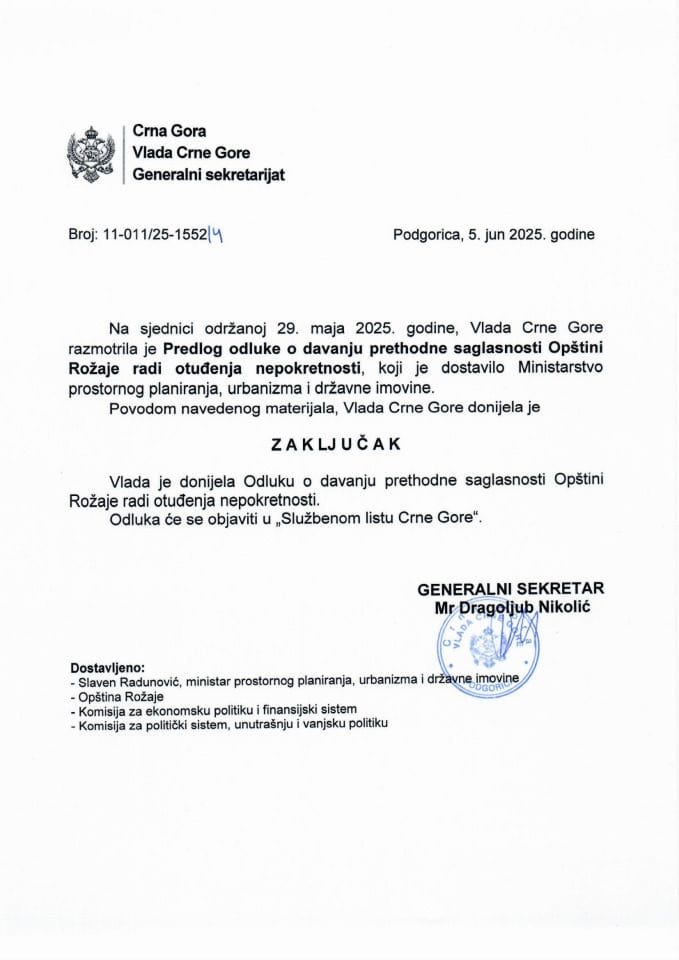 Predlog odluke o davanju prethodne saglasnosti Opštini Rožaje radi otuđenja nepokretnosti - zaključci