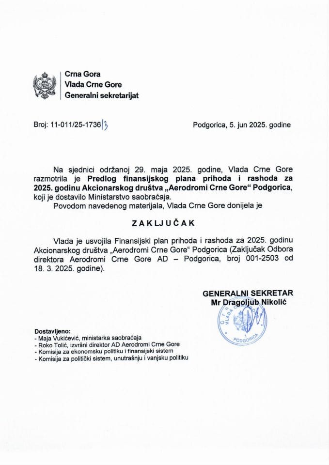 Predlog finansijskog plana prihoda i rashoda za 2025. godinu akcionarskog društva „Aerodromi Crne Gore“ Podgorica - zaključci