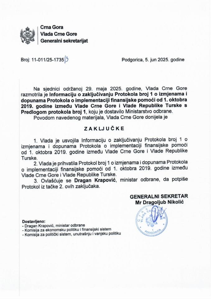 Informacija o zaključivanju Protokola broj 1 o izmjenama i dopunama Protokola o implementaciji finansijske pomoći od 1. oktobra 2019. godine između Vlade Crne Gore i Vlade Republike Turske s Predlogom protokola broj 1 - zaključci