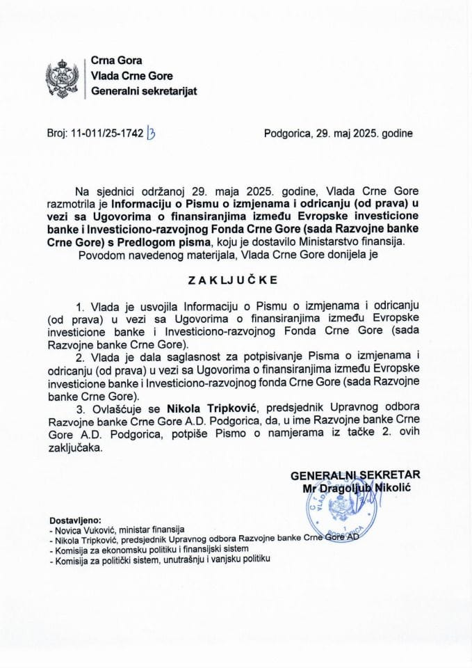 Informacija o Pismu o izmjenama i odricanju (od prava) u vezi sa Ugovorima o finansiranjima između Evropske investicione banke i Investiciono-razvojnog Fonda Crne Gore (sada Razvojne banke Crne Gore) s Predlogom pisma - zaključci