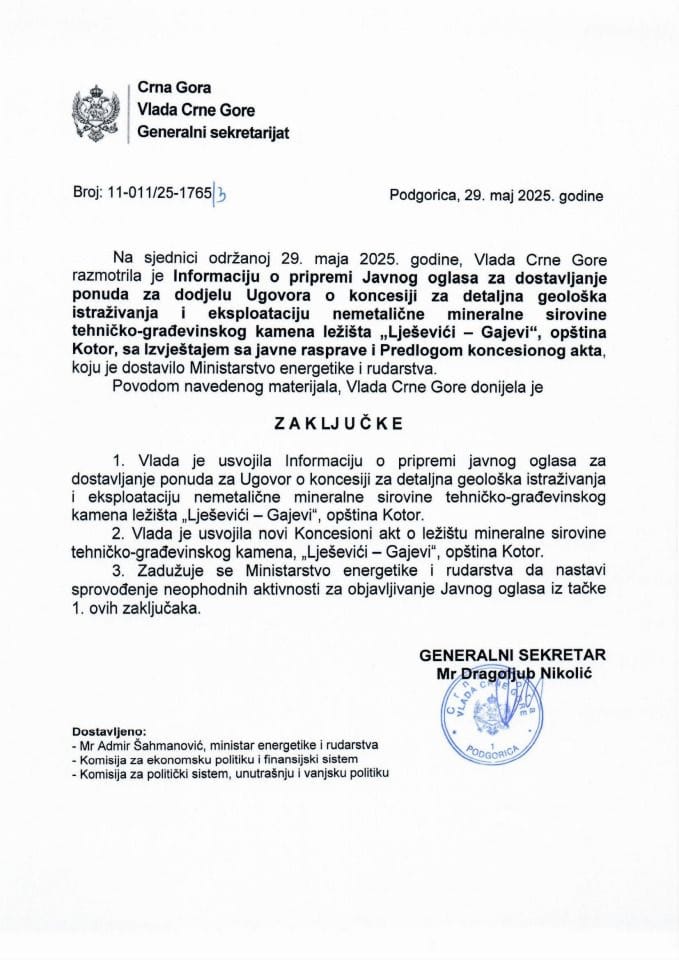 Informacija o pripremi javnog oglasa za dostavljanje ponuda za dodjelu Ugovora o koncesiji za detaljna geološka istraživanja i eksploataciju nemetalične mineralne sirovine tehničko-građevinskog kamena sa ležišta „Lješevići - Gajevi“- zaključci