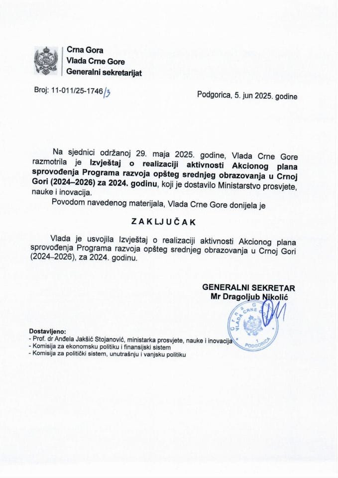 Izvještaj o realizaciji aktivnosti Akcionog plana za sprovođenje Programa razvoja opšteg srednjeg obrazovanja u Crnoj Gori (2024 -2026) za 2024. godinu - zaključci