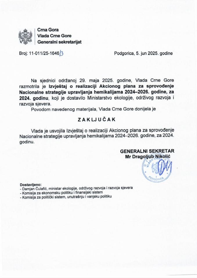 Izvještaj o realizaciji Akcionog plana za sprovođenje Nacionalne strategije upravljanja hemikalijama 2024-2026. godine, za 2024. godinu - zaključci