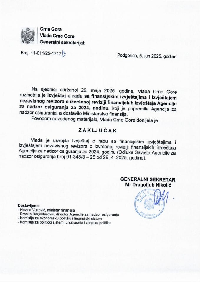 Izvještaj o radu sa finansijskim izvještajima i Izvještajem nezavisnog revizora o izvršenoj reviziji finansijskih izvještaja Agencije za nadzor osiguranja za 2024. godinu - zaključci