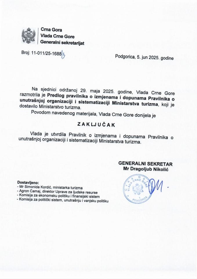 Predlog pravilnika o izmjenama i dopunama Pravilnika o unutrašnjoj organizaciji i sistematizaciji Ministarstva turizma - zaključci