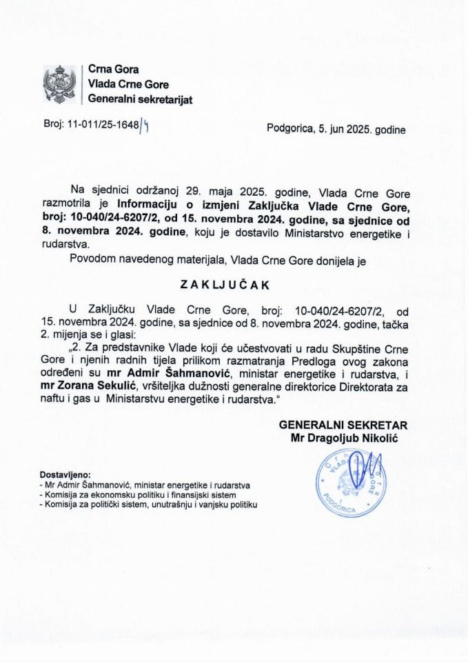 Informacija o izmjeni Zaključka Vlade Crne Gore, broj: 10-040/24-6207/2, od 15. novembra 2024. godine, sa sjednice od 8. novembra 2024. godine - zaključci