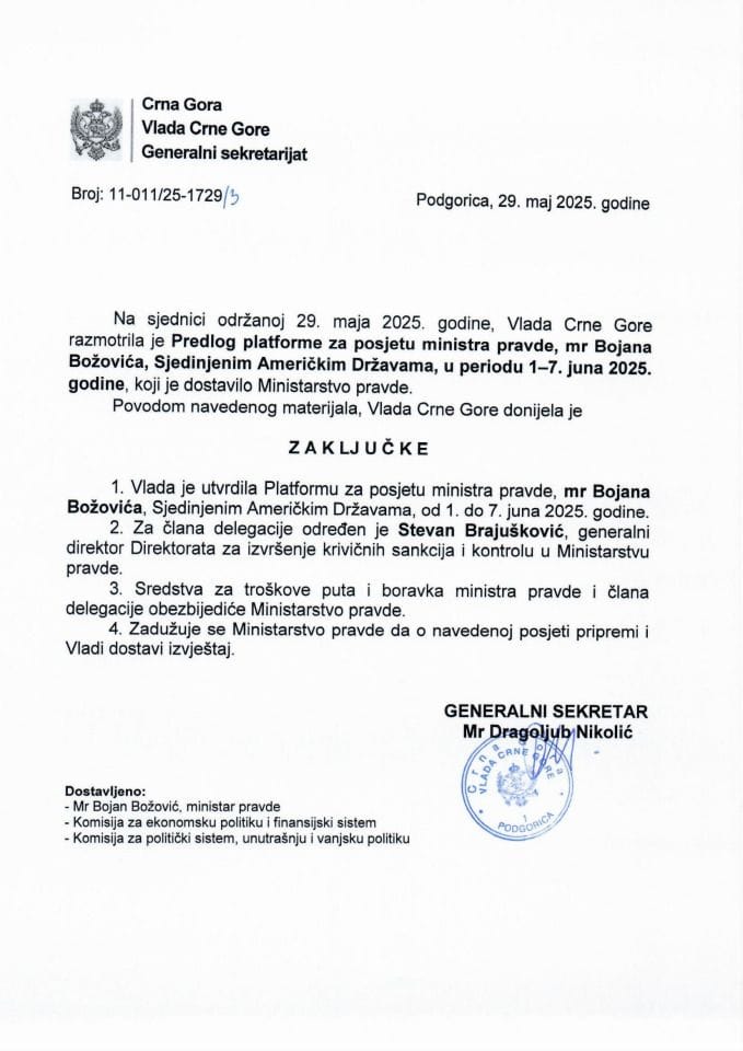 Predlog platforme za posjetu ministra pravde mr Bojana Božovića Sjedinjenim Američkim Državama, u periodu 1-7. jun 2025. godine - zaključci