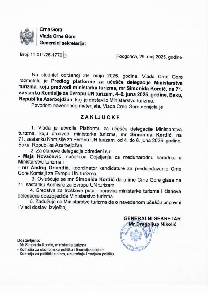 Predlog platforme za učešće delegacije Ministarstva turizma, koju predvodi ministarka turizma mr Simonida Kordić, na 71. sastanku Komisije za Evropu UN turizam, 4 - 6. jun 2025. godine, Baku, Republika Azerbejdžan - zaključci