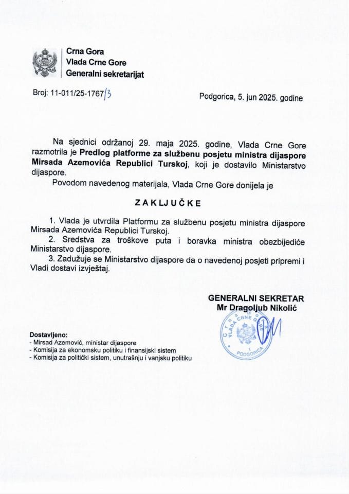 Predlog platforme za službenu posjetu ministra dijaspore Mirsada Azemovića Republici Turskoj - zaključci