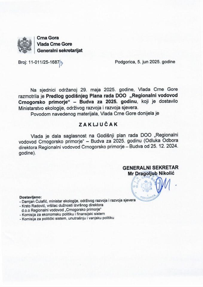 Predlog godišnjeg Plana rada DOO „Regionalni vodovod Crnogorsko primorje“ - Budva za 2025. godinu - zaključci