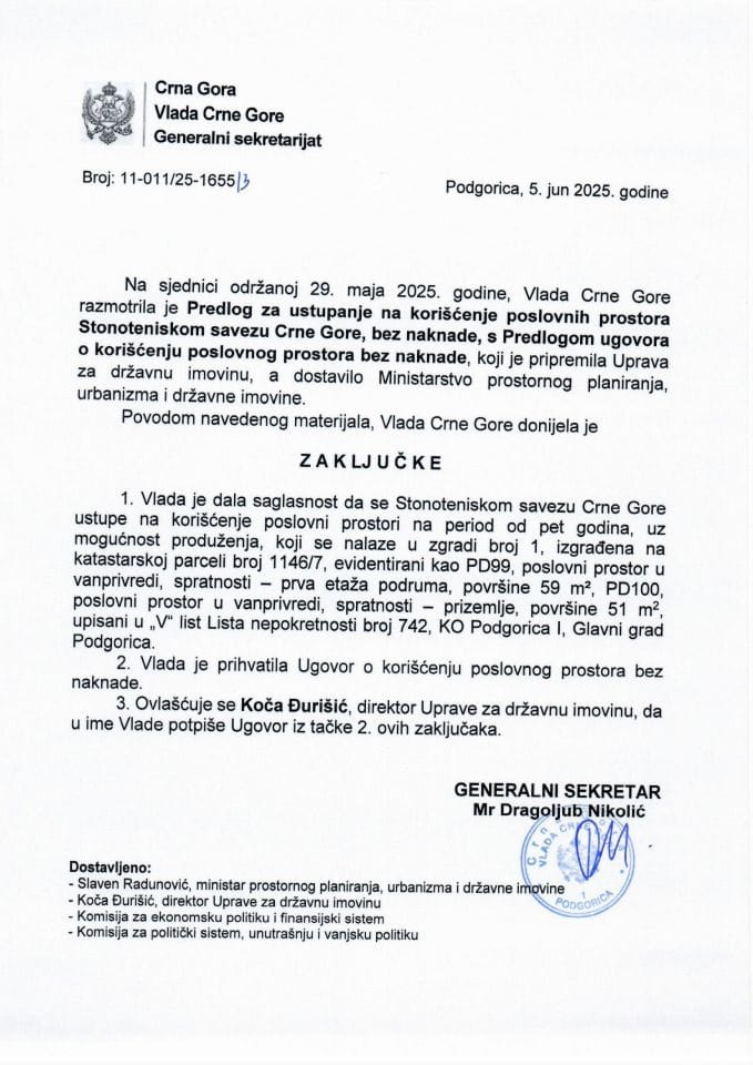 Predlog za ustupanje na korišćenje poslovnih prostora Stonoteniskom savezu Crne Gore, bez naknade s Predlogom ugovora o korišćenju poslovnog prostora bez naknade - zaključci