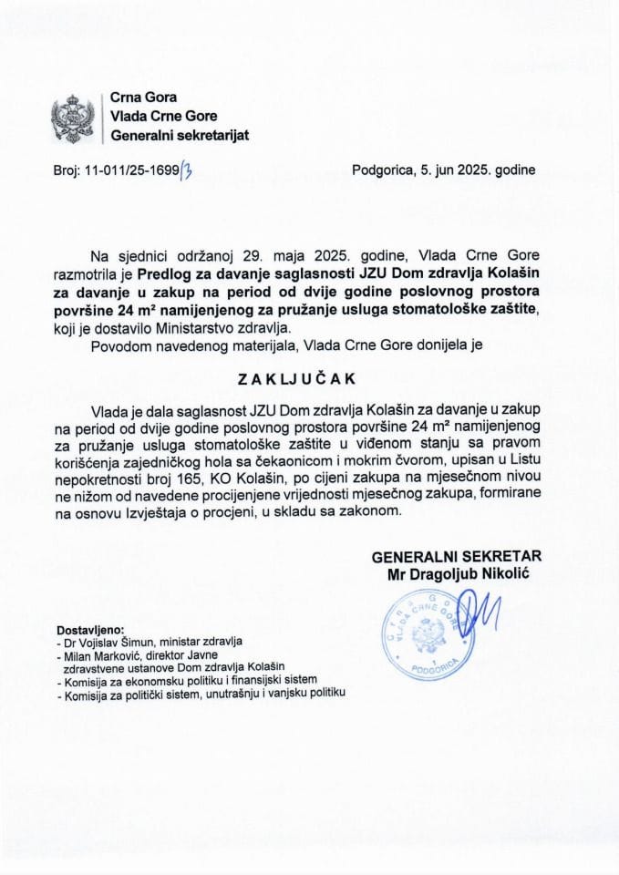Predlog za davanje saglasnosti JZU Dom zdravlja Kolašin za davanje u zakup na period od dvije godine poslovnog prostora površine 24 m² namijenjenog za pružanje usluga stomatološke zaštite - zaključci