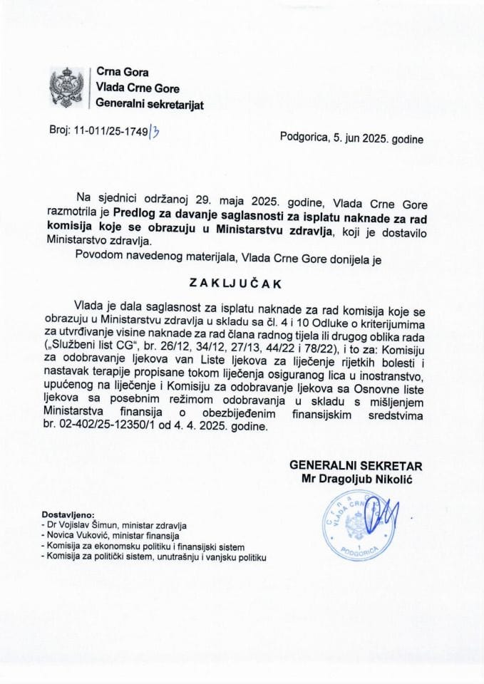 Predlog za davanje saglasnosti za isplatu naknade za rad komisija koje se obrazuju u Ministarstvu zdravlja - zaključci