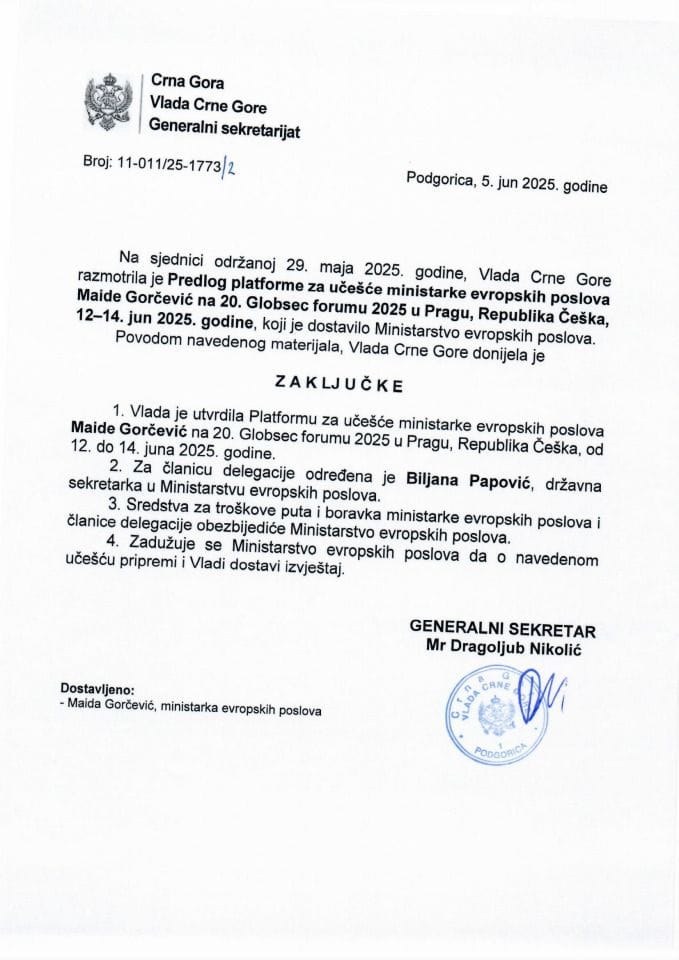 Predlog platforme za učešće ministarke evropskih poslova Maide Gorčević na 20. GLOBSEC forumu 2025 u Pragu, Republika Češka, 12-14. jun 2025. godine - zaključci