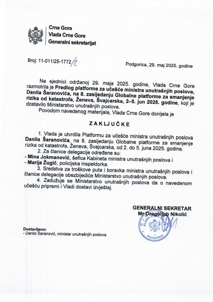 Predlog platforme za učešće ministra unutrašnjih poslova, Danila Šaranovića, na 8. zasijedanju Globalne patforme za smanjenje rizika od katastrofa, Ženeva, Švajcarska, 2-5. jun 2025. godine - zaključci