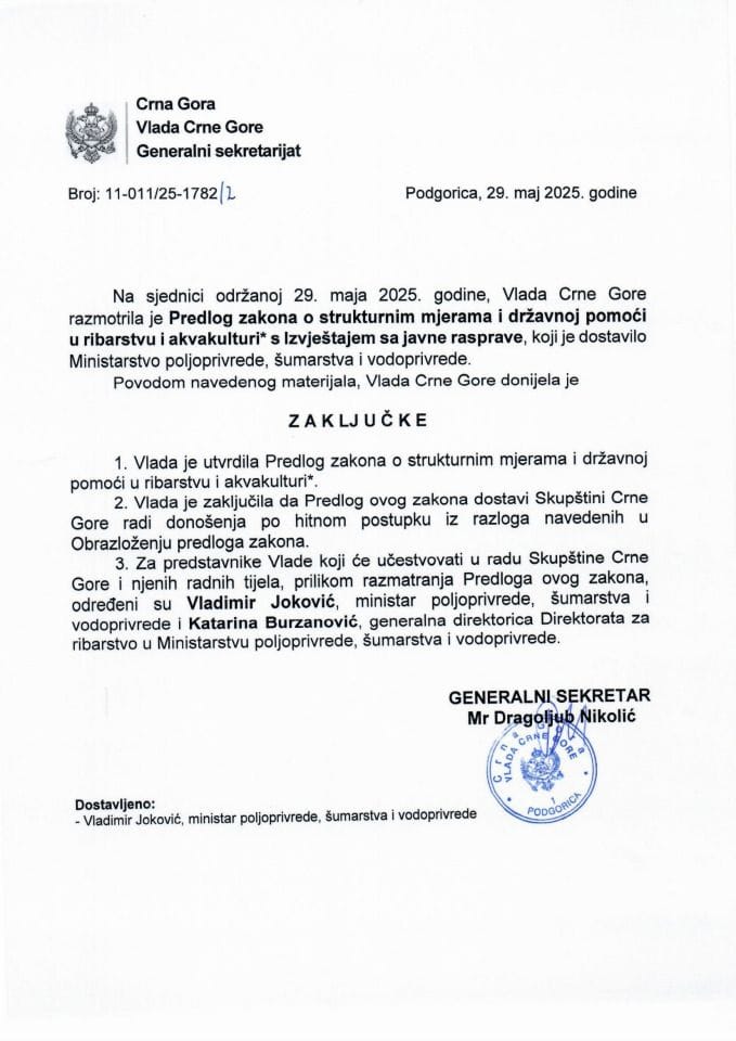 Predlog zakona o strukturnim mjerama i državnoj pomoći u ribarstvu i akvakulturi* s Izvještajem sa javne rasprave - zaključci