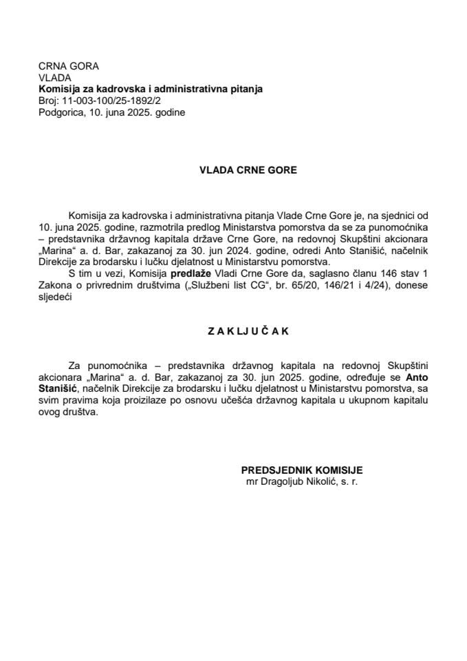 Предлог за одређивање пуномоћника – представника државног капитала на редовној Скупштини акционара „Марина‟ АД Бар