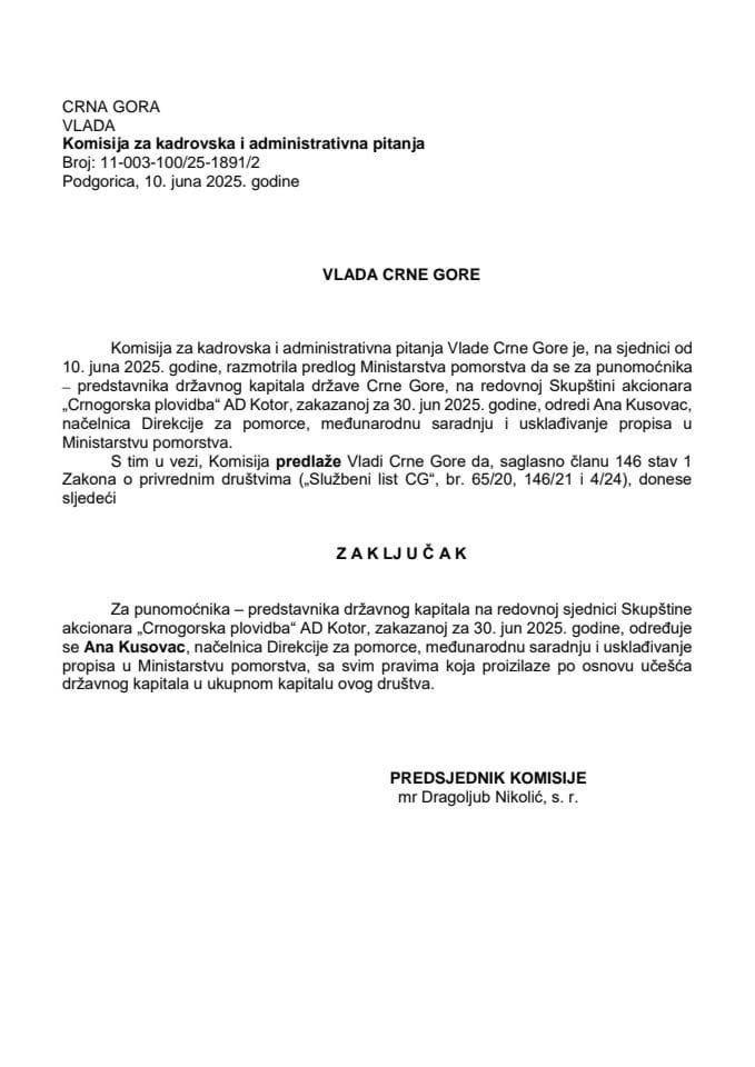 Предлог за одређивање пуномоћника – представника државног капитала на редовној Скупштини акционара „Црногорска пловидба” АД Котор