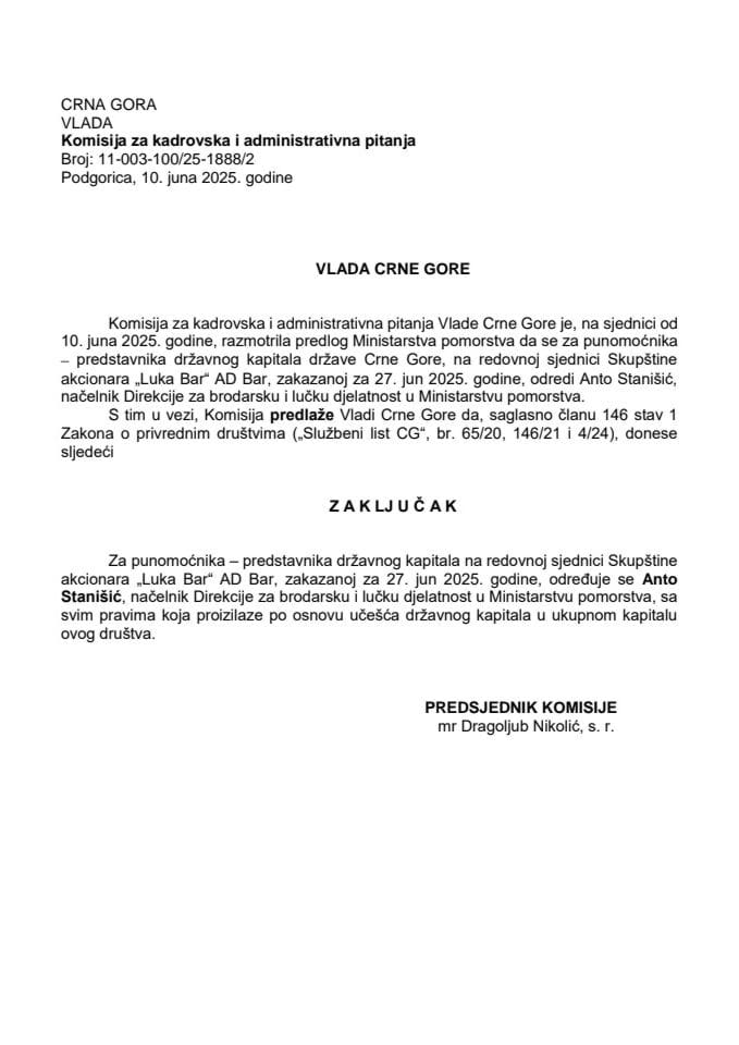 Предлог за одређивање пуномоћника − представника државног капитала на редовној Скупштини акционара „Лука Бар” – АД Бар