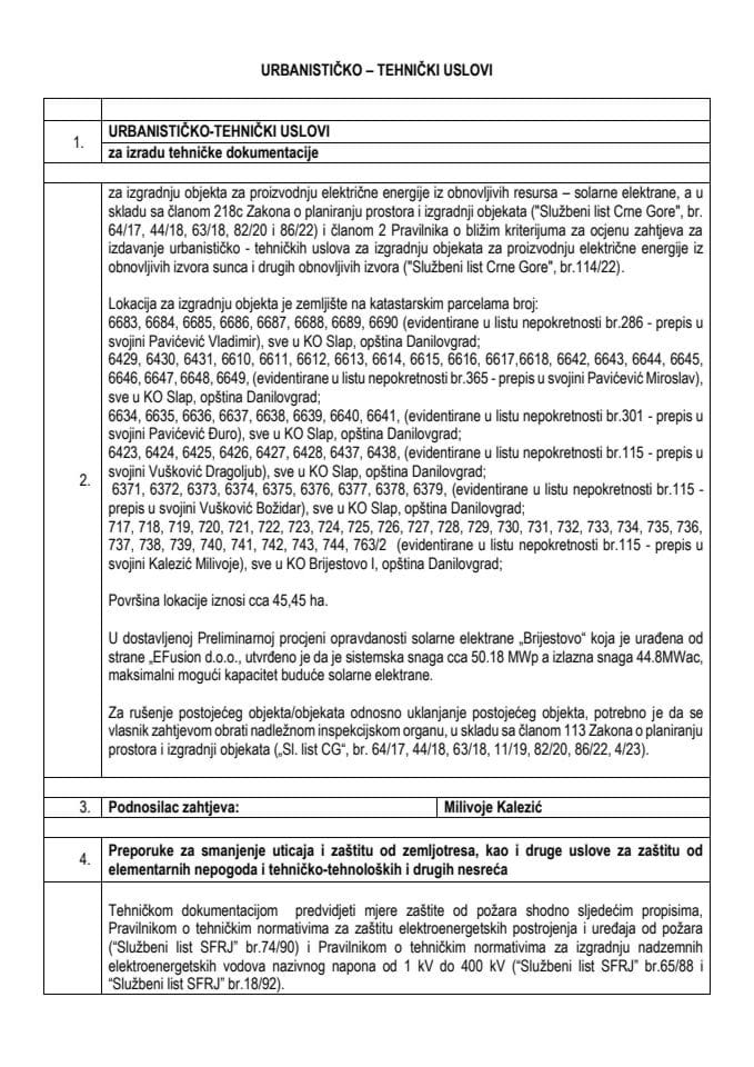 Предлог урбанистичко-техничких услова за израду техничке документације за изградњу објекта за производњу електричне енергије из обновљивих ресурса – соларне електране „Бријестово“