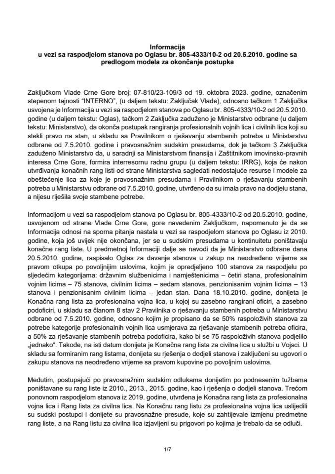 Информација у вези са расподјелом станова по Огласу бр. 805-4333/10-2 од 20.05.2010. године са предлогом модела за окончање поступка