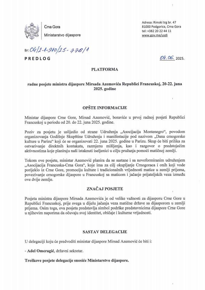 Predlog platforme radne posjete ministra dijaspore Mirsada Azemovića udruženjima dijaspore-iseljenika u Republici Francuskoj, 20-22. juna 2025. godine