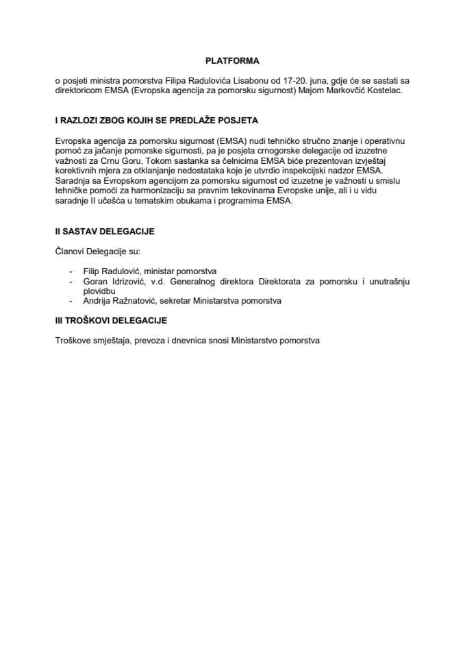 Предлог платформе о посјети министра поморства Филипа Радуловића Лисабону, од 17. до 20. јуна 2025. године
