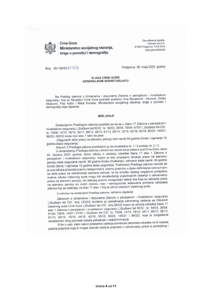 Предлог мишљења на Предлог закона о измјенама и допунама Закона о пензијском и инвалидском осигурању (предлагачи посланици Ана Новаковић-Ђуровић, Дритан Абазовић, Филип Аџић и Милош Конатар)