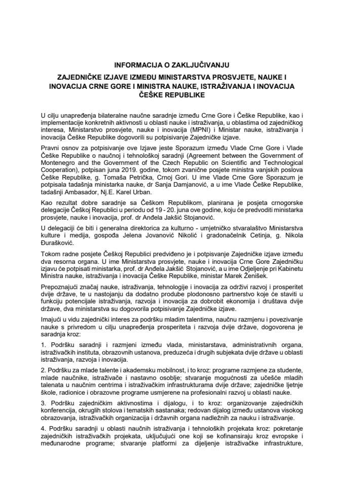 Informacija o zaključivanju Zajedničke izjave između Ministarstva prosvjete, nauke i inovacija Crne Gore i Ministra nauke, istraživanja i inovacija Češke Republike sa Predlogom zajedničke izjave