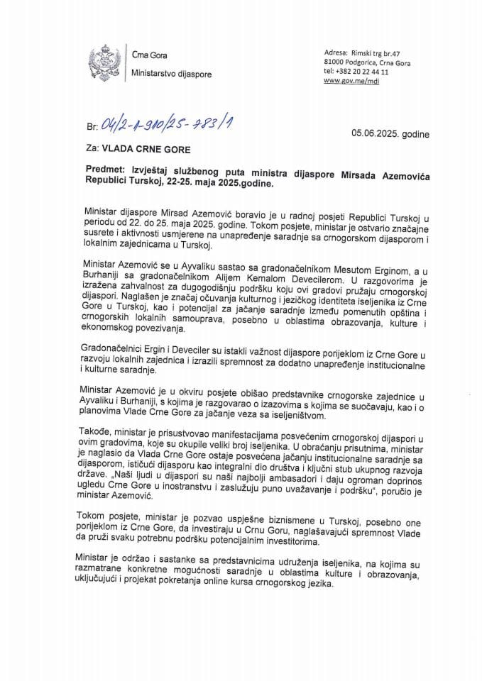 Извјештај са службеног пута министра дијаспоре Мирсада Аземовића Републици Турској, 22-25. маја 2025. године