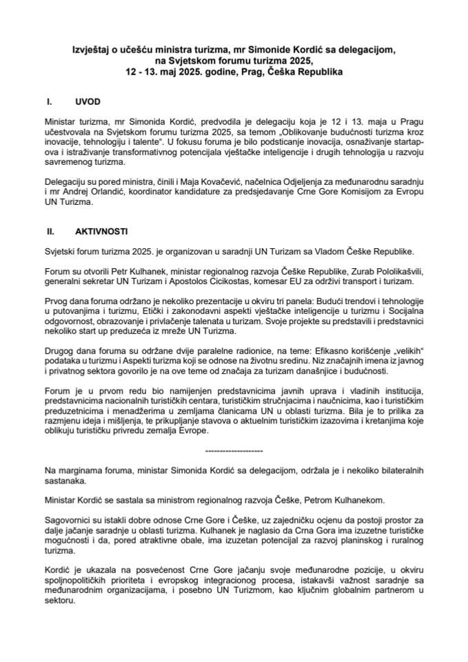 Извјештај о учешћу министарке туризма, мр Симониде Кордић са делегацијом, на Свјетском форуму туризма 2025, 12 - 13. мај 2025. године, Праг, Чешка Република