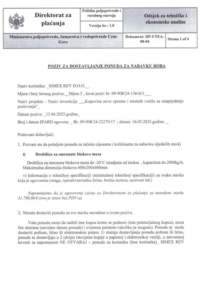 poziv za dostavljanje ponuda za nabavku roba - drobilica za smrznute blokove mesa