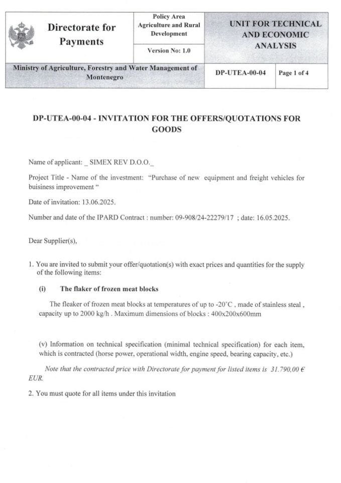 invitation for the offers for goods - the flaker of frozen meat blocks