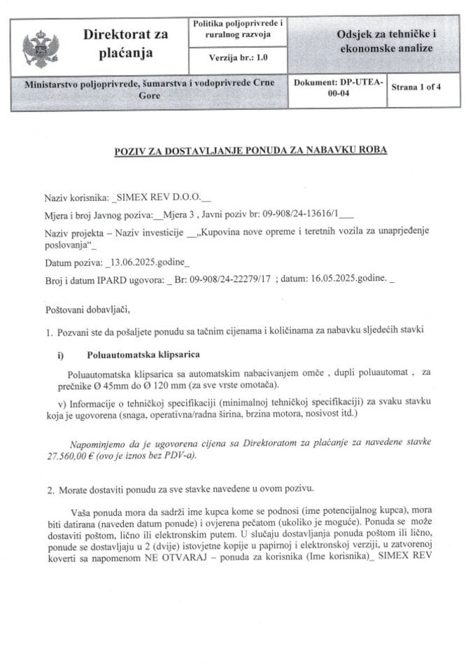 poziv za dostavljanje ponuda za nabavku roba - poluautomatska klipsarica