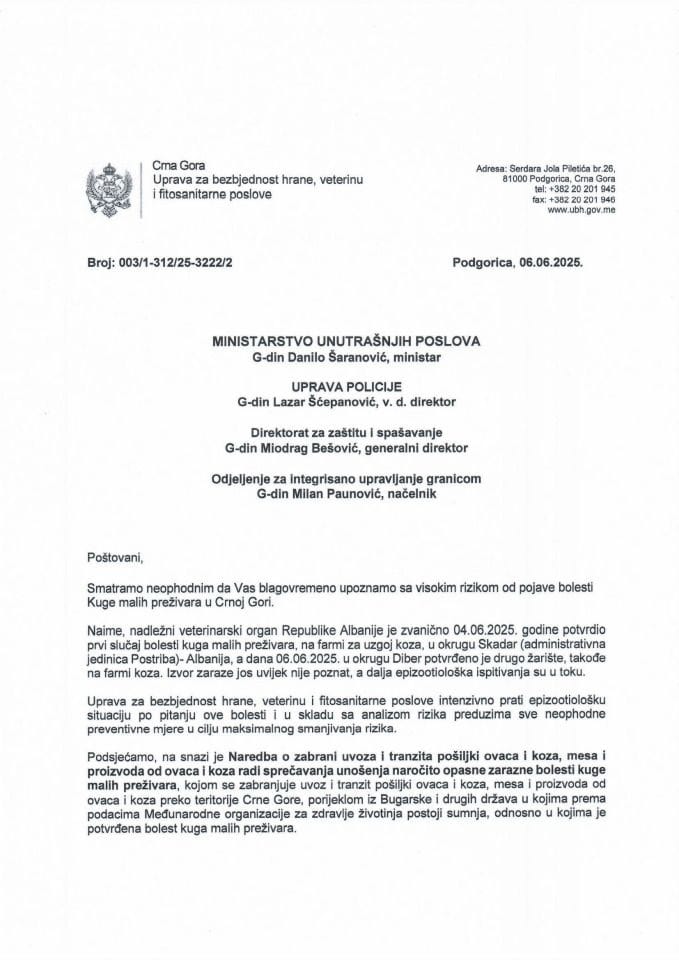Појава куге малих преживара у Албанији - Допис МУП-у и Управи полиције
