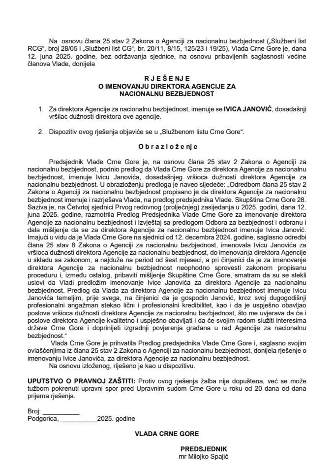 Predlog za imenovanje direktora Agencije za nacionalnu bezbjednost