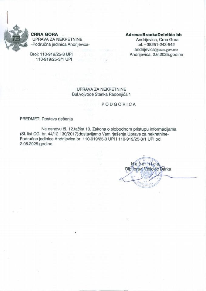 Rješenja o slobodnom pristupu informacijama - 13.06.2025.