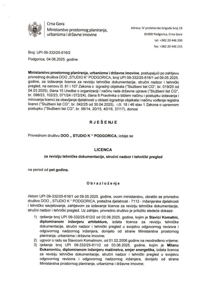 Licence revidenta i stručnog nadzora - UPI 09-332-25-616-2 STUDIO K DOO